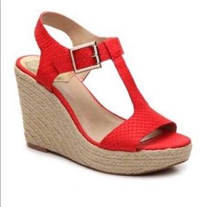 Vince Camuto Tinsell Leather Coral Orange Red Wedge Espadrilles 9